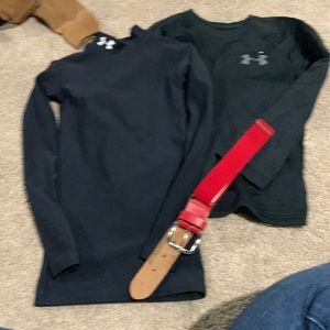 2 under armour cold gear and red baseball belt